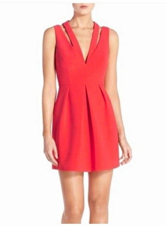 BCBGMAXAZRIA Women’s Red Scuba V-Neck Sleeveless Cutout Mini Dress 2 Zip