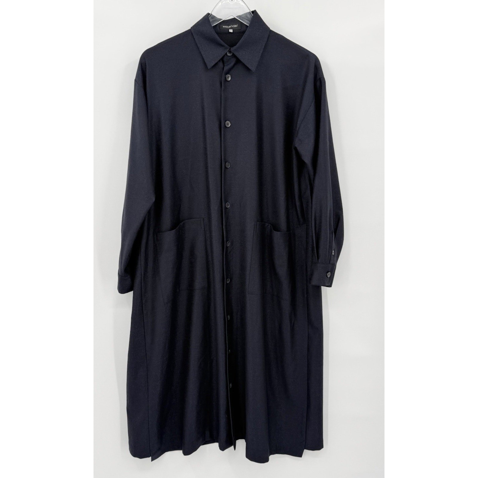 Eskandar Wool Silk Midi Shirtdress Button Up Lagenlook Minimal Size 0 (US 6-8)