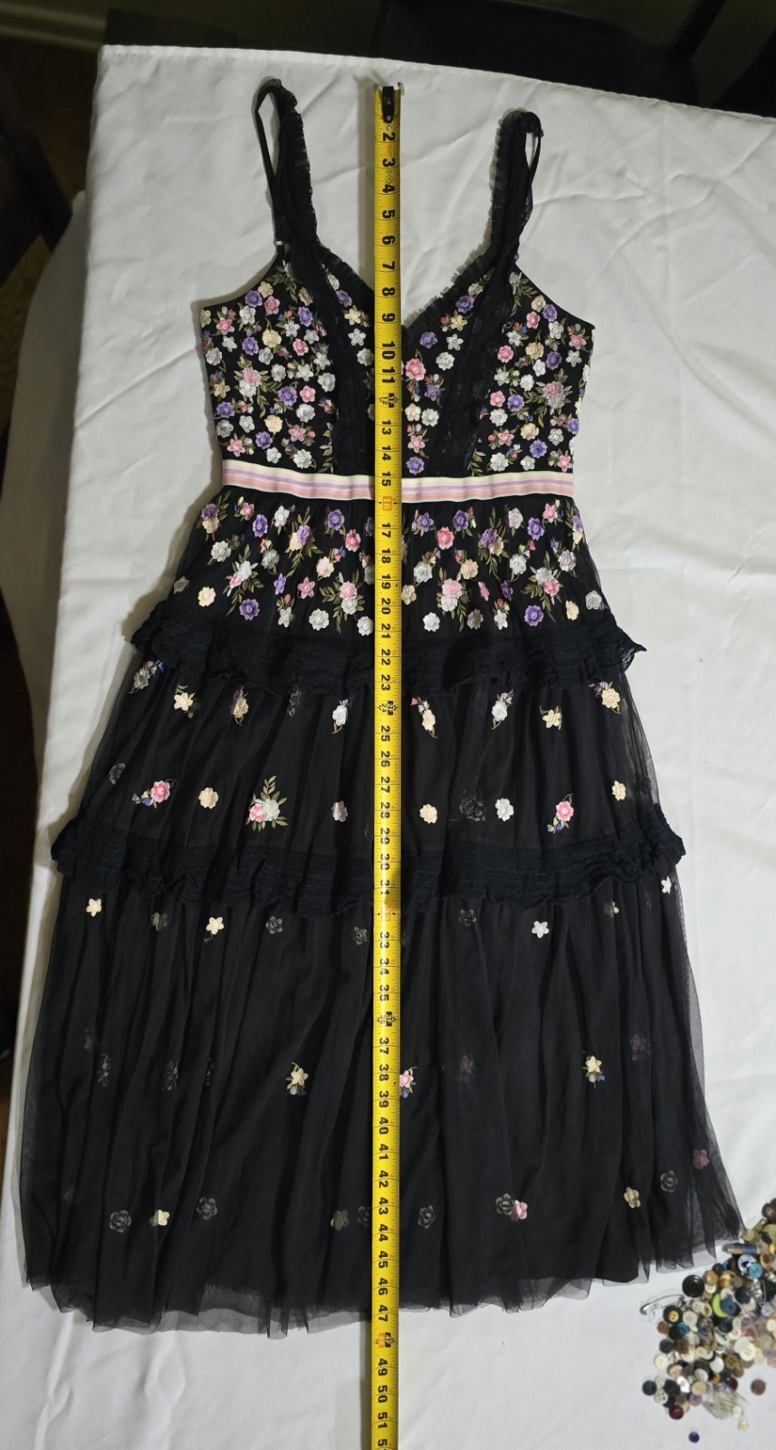 Needle & Thread Black Floral Embroidered Tulle V-Neck Midi Dress US 6