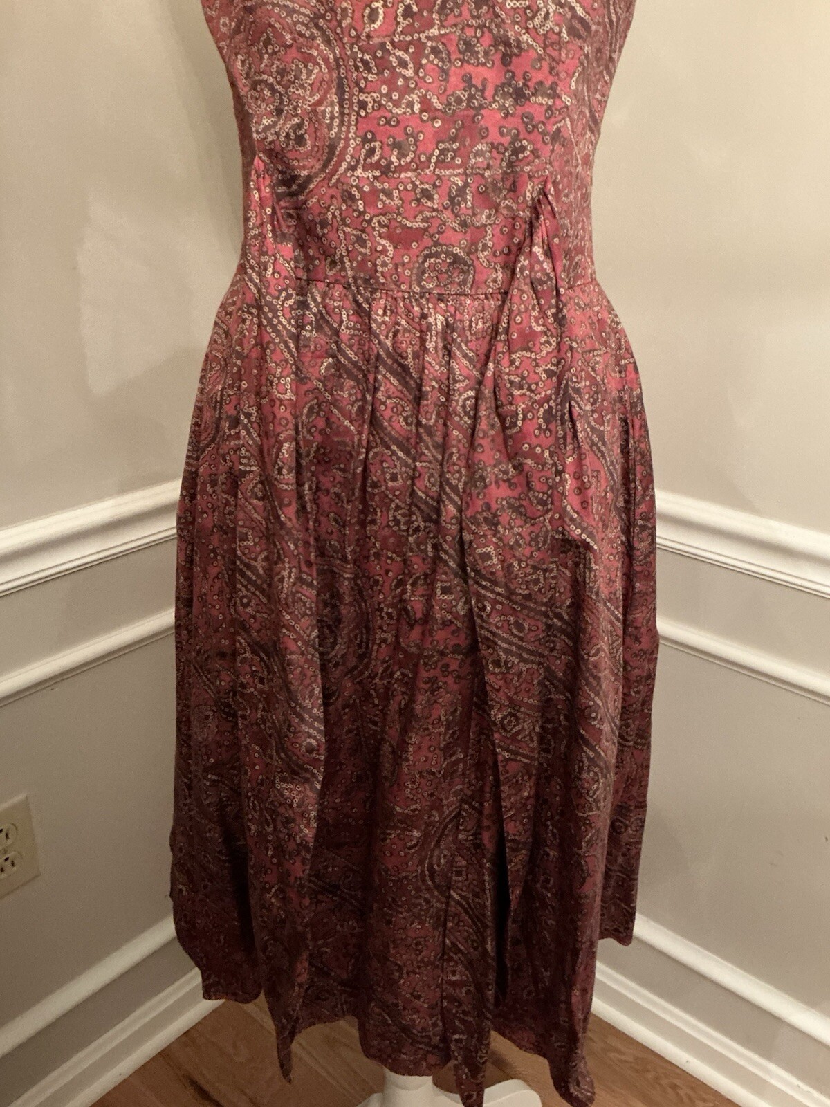 Peruvian Connection Dress Red Brown Pattern Midi Size Small Tie Bow Sash Cotton