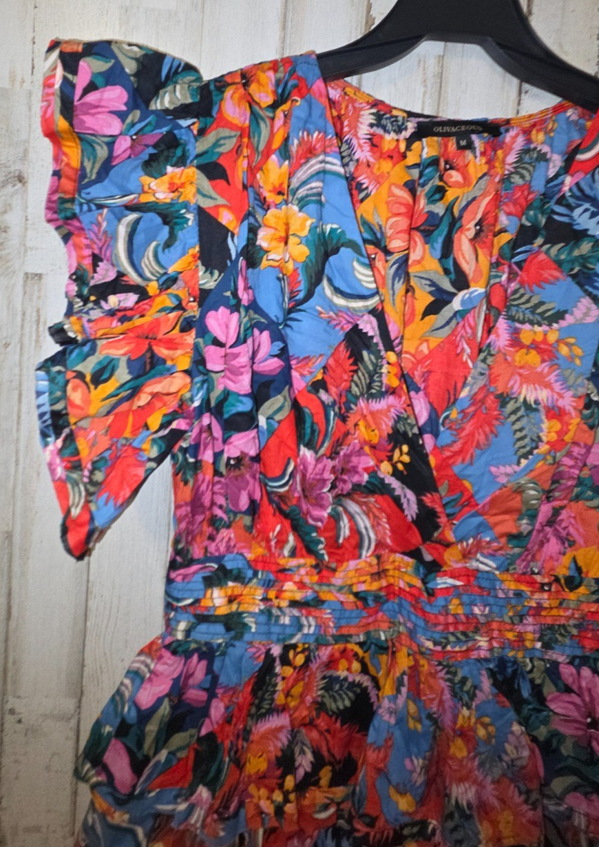 Olivaceous size M Mini Tiered Ruffle Floral Dress Flutter sleeve V-neck Cotton