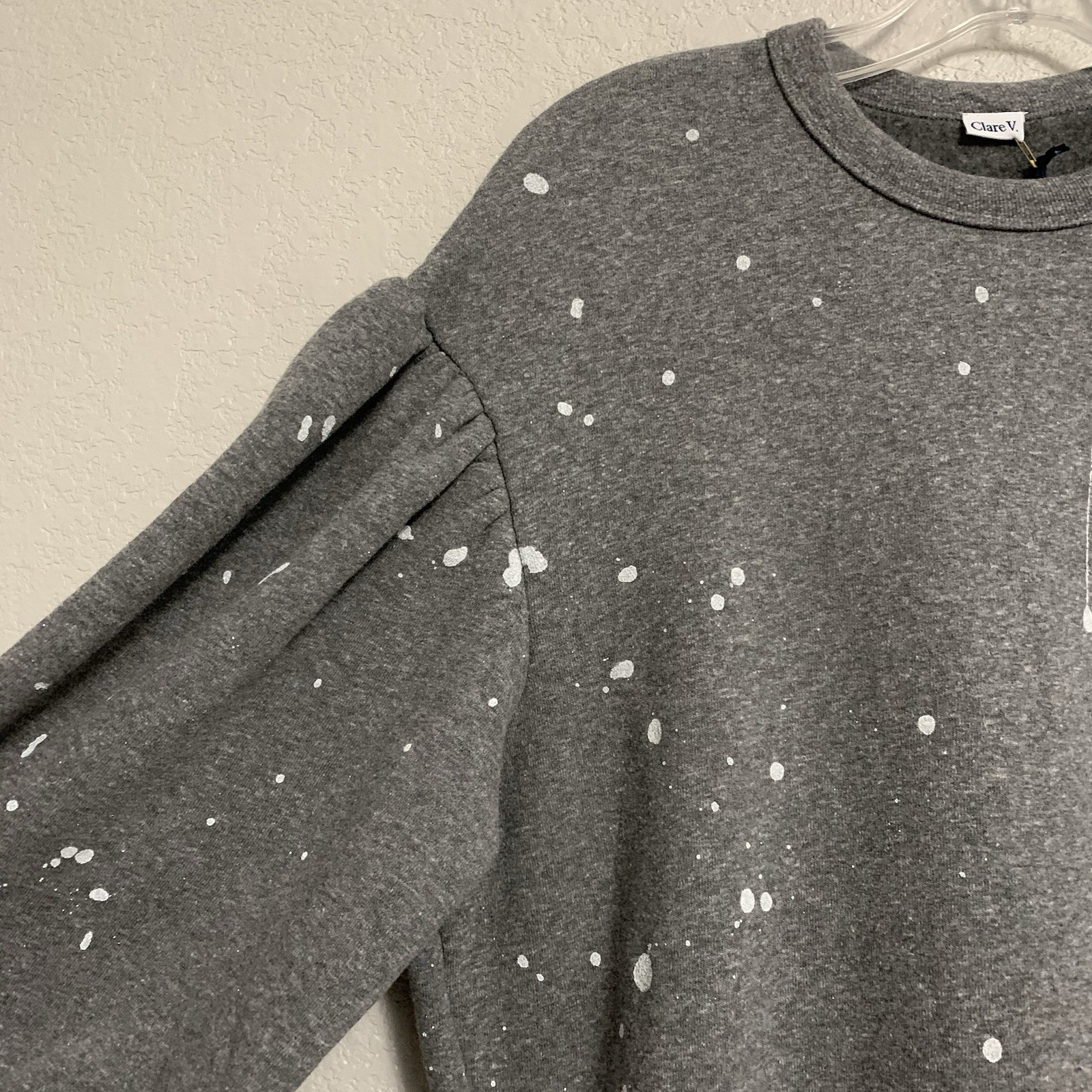 Clare V Sweatshirt Dress Womens M Drop Shoulder Puff Balloon Sleeve Grey Splash