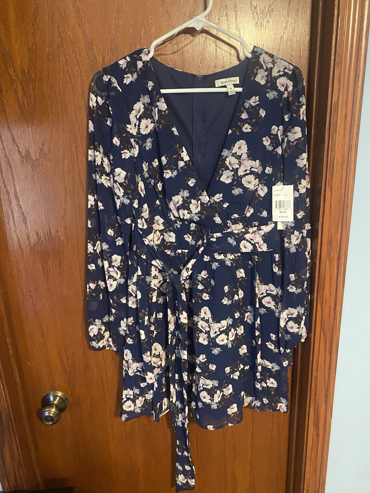 Speechless Women’s M Navy Pink White Floral V-Neck Long Sleeve Short Dress