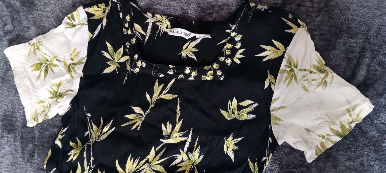 Vintage CASUAL STUDIO Black/GreenFloral Linen Dress Square Neck Short Sleeve M