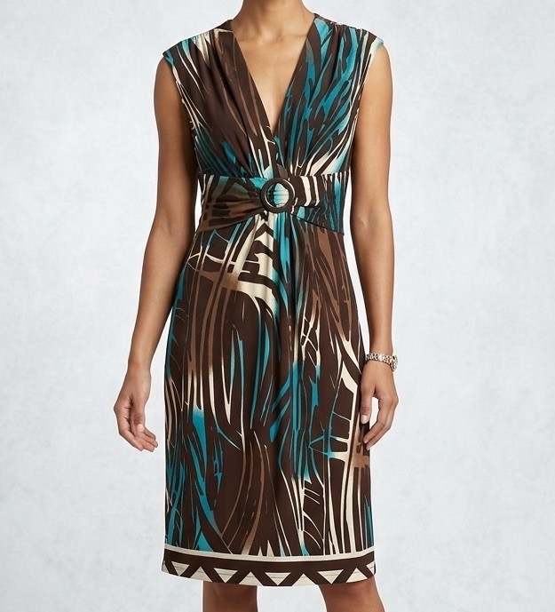Glamour Abstract V-Neck Sleeveless Sheath Knee Dress Brown/Blue/Beige 6