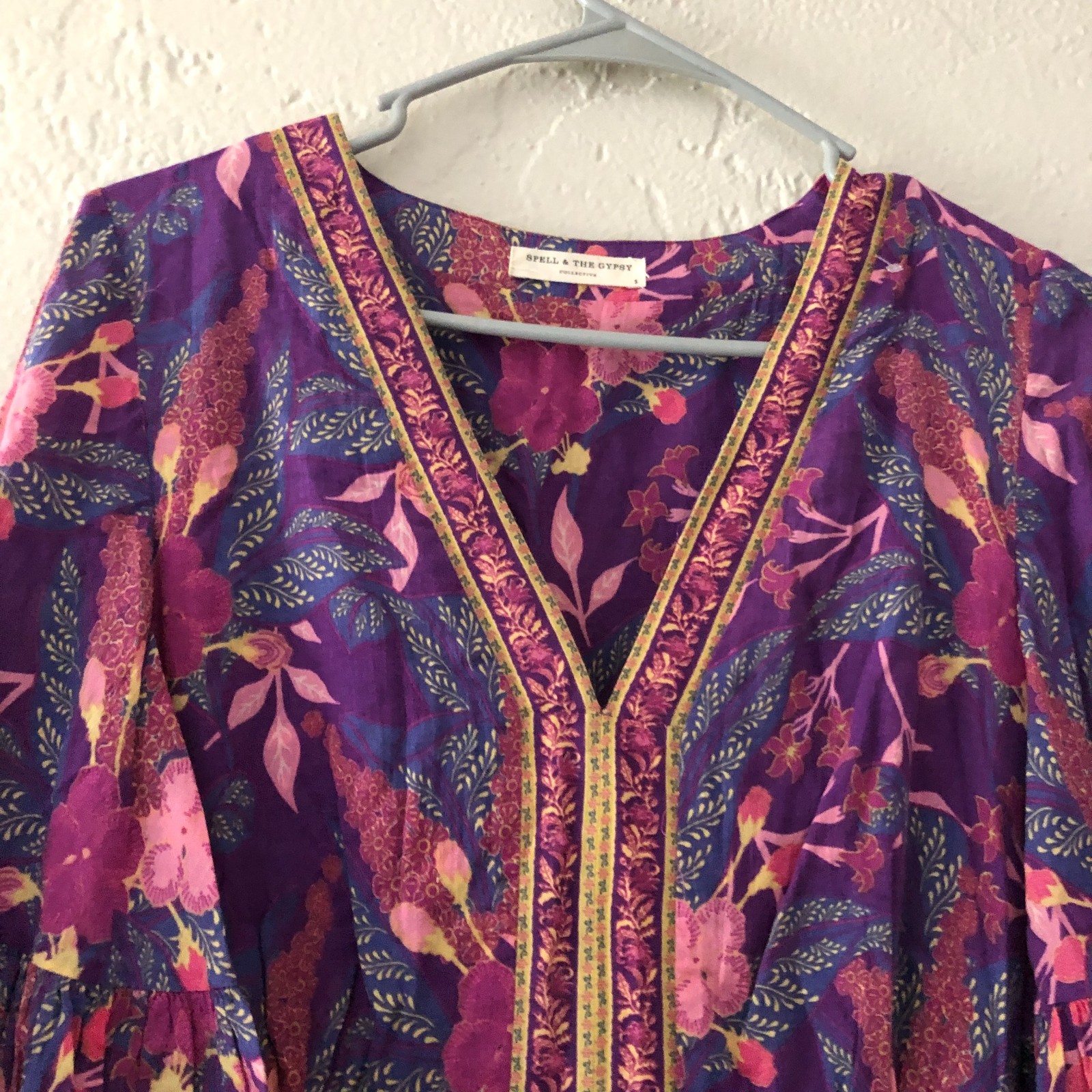 Spell & The Gypsy Bianca Dress Tiered Bell Sleeve Purple Floral V Neck Sz S READ