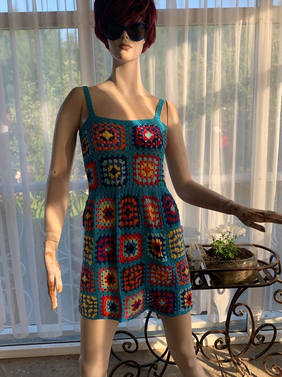 Handmade Granny Square Crochet Mini Dress Boho Festival Beach Cover Up