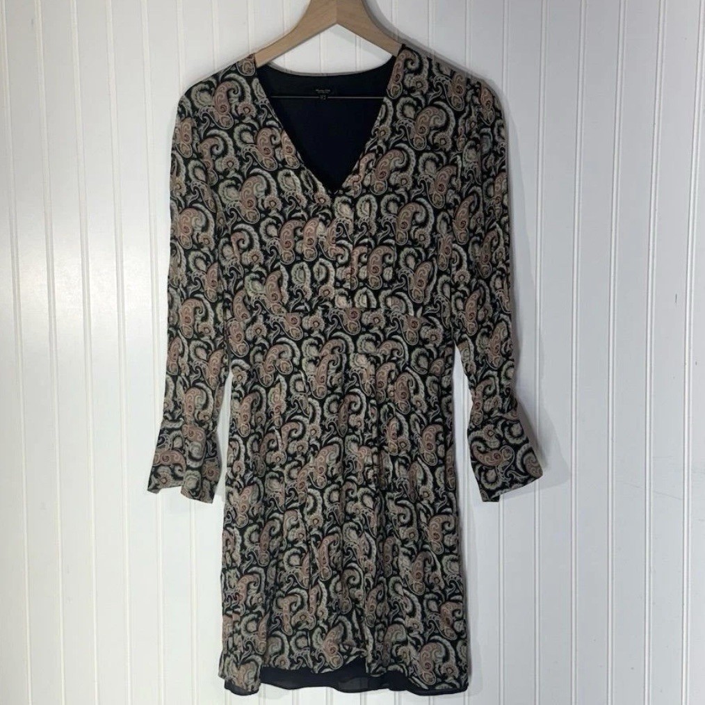 Massimo Dutti Paisley Print V-Neck Long Sleeve Dress Size 4 Boho Chic Portugal