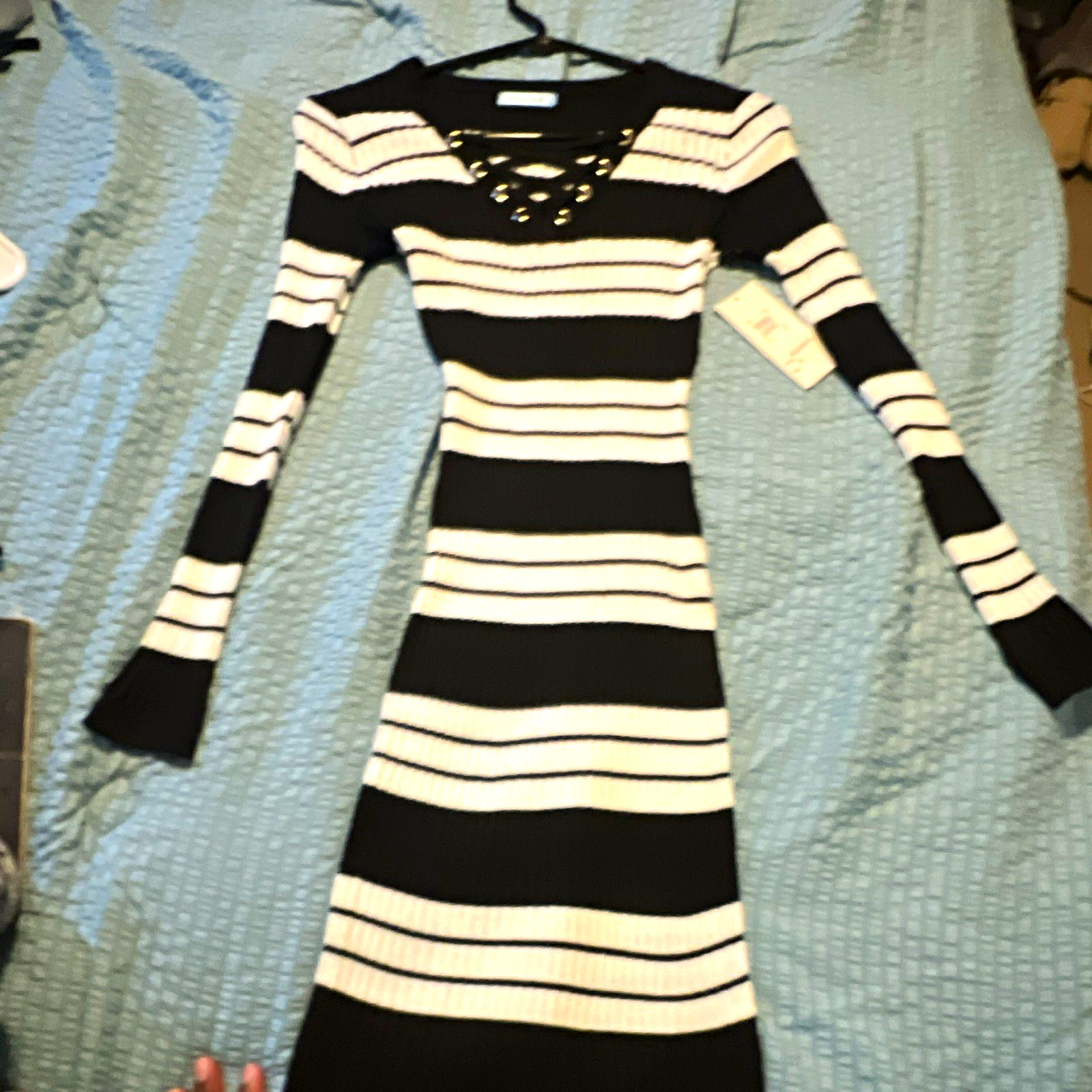 Rebel Love Black/White Striped Knit V-Neck Lace-Up Stretch Bodycon Dress S
