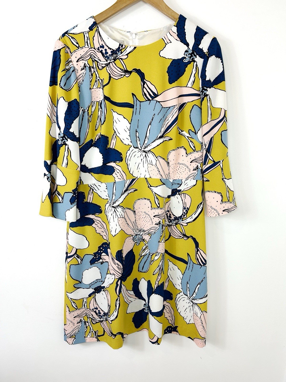 Hobbs Blue Yellow Floral Print 3/4 Sleeve Summer Wedding Pencil Dress UK 14