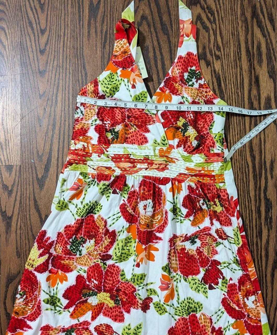 🍊 Vibrant Tropical Floral Halter Mini Summer Sundress w Beaded Embroidery