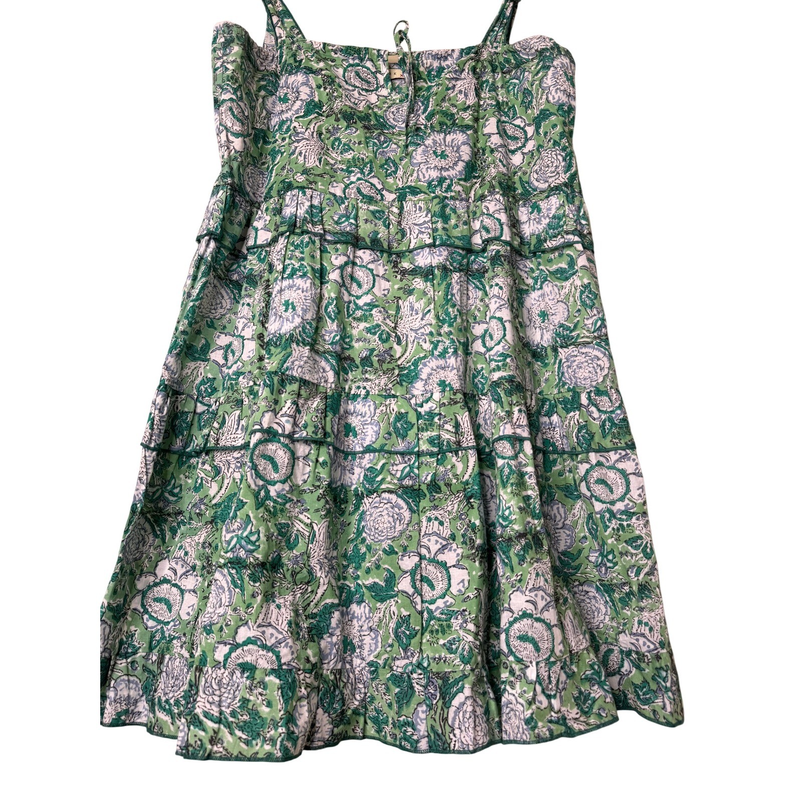 Stark X Green Floral Block Print Tiered Mini Dress Tie Shoulder Boho Summer