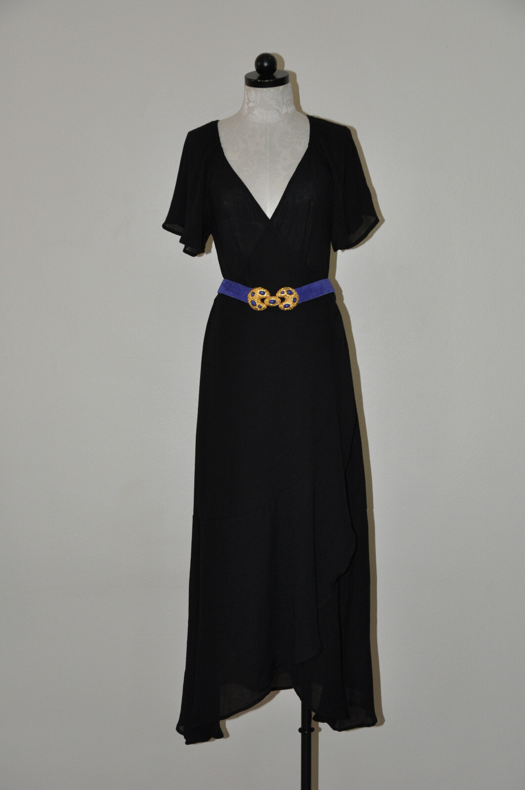 Lush Black Cotton Gauze Sheer Plunging Neckline Long Maxi Wrap Dress LBD Women M