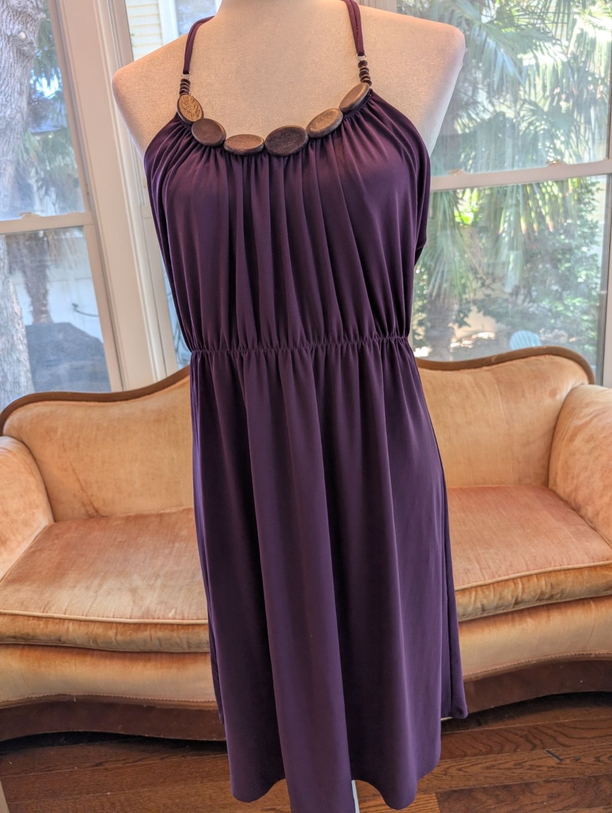Bisou Bisou Purple Halter Midi Dress Size 16 Wooden Bead Accents Night Out