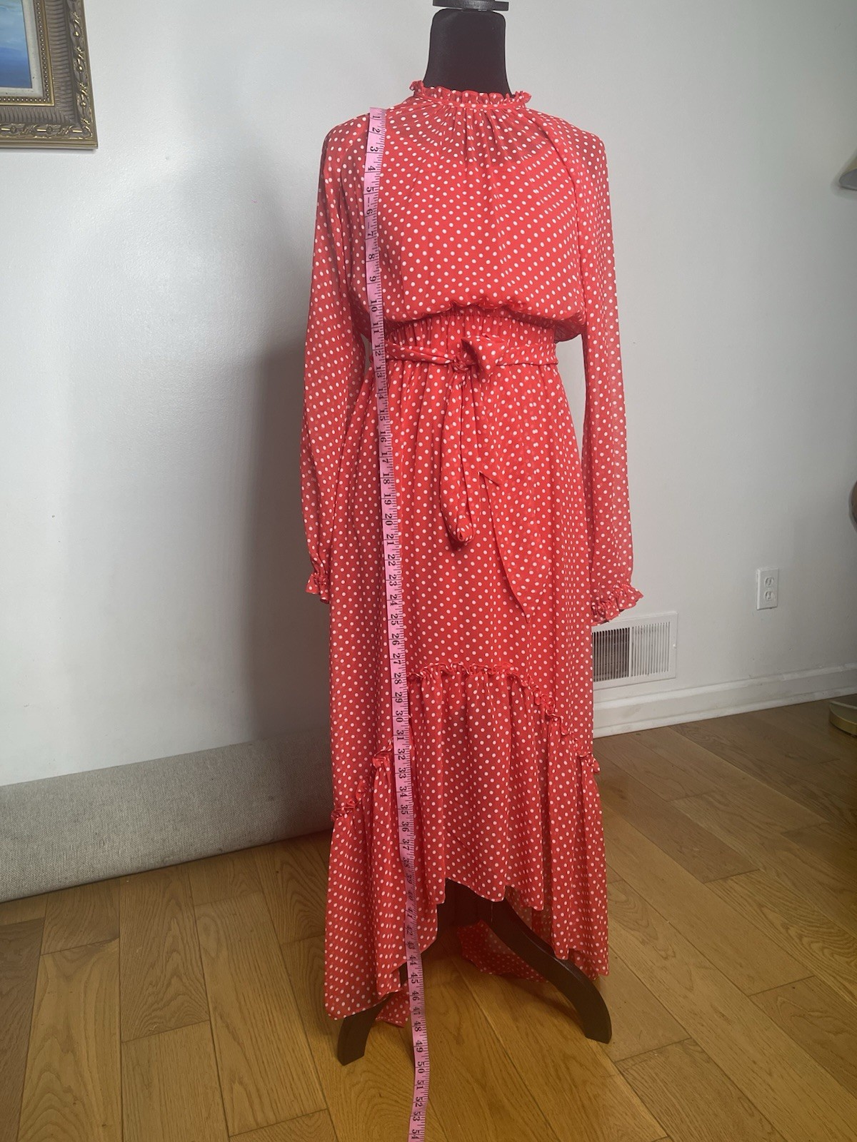 BCBGMAXAZRIA Women’s Red/White Polka Dot Long Sleeve Maxi Dress Ruffle XS