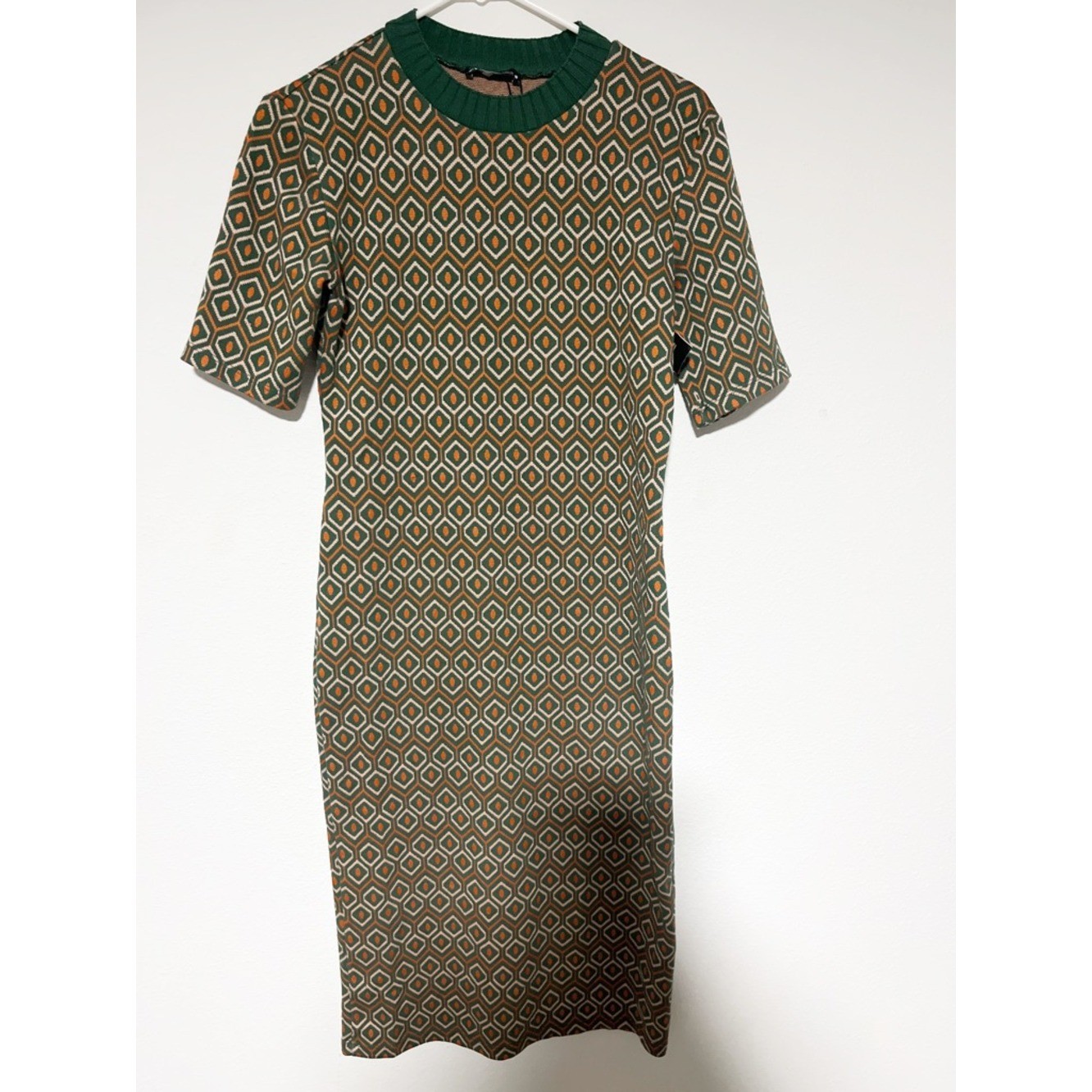 Zara Green:Brown:Beige Patterned Short-Sleeve Midi Dress New Without Tags