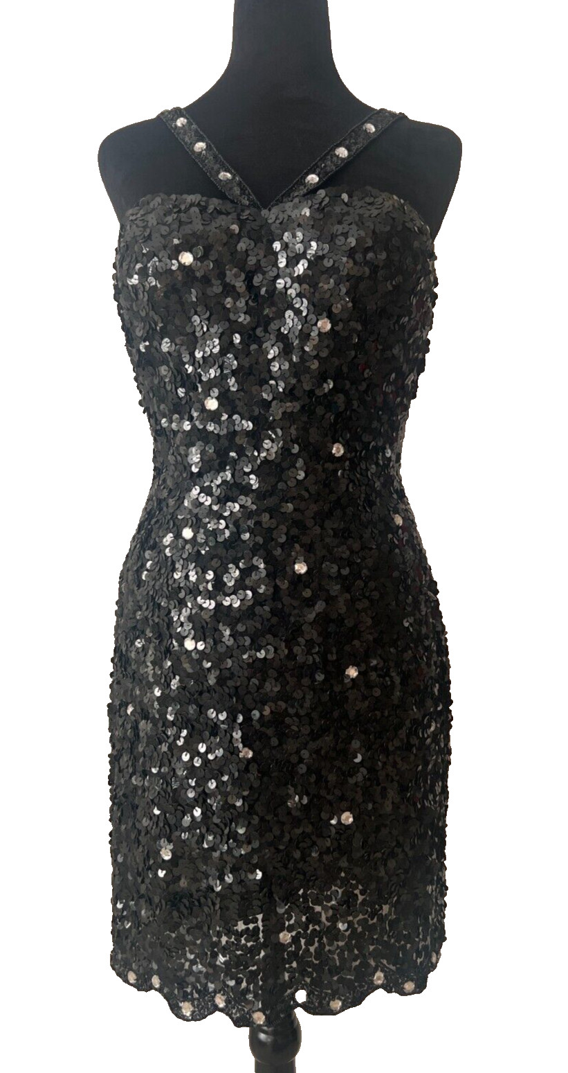 SCALA Black Sequin Cocktail Dress Silk Scalloped Hem Size 12