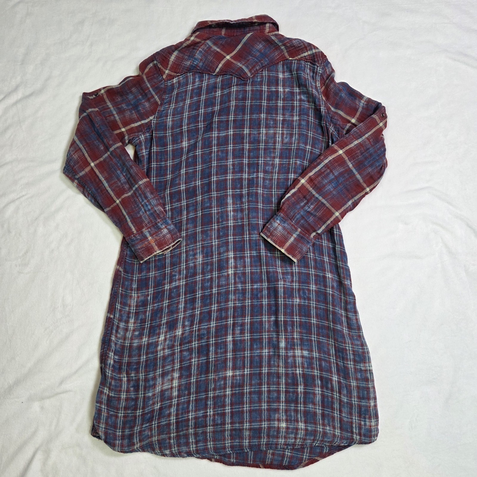 Ryan Michael Indigo Plaid Cotton Gauze Western Snap Front Shirt Dress Medium