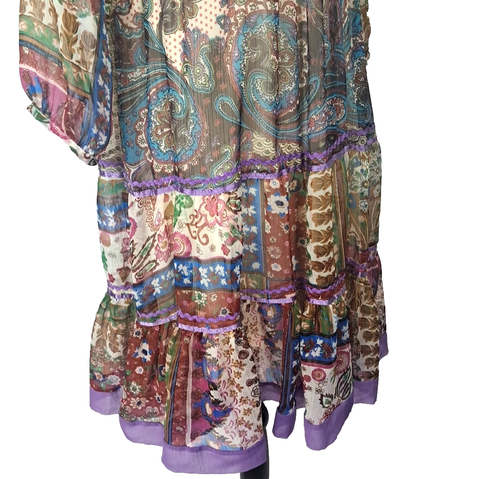 Babydoll Floral Sheer Patchwork Beaded Tiered Mini Dress Size M Purple Boho