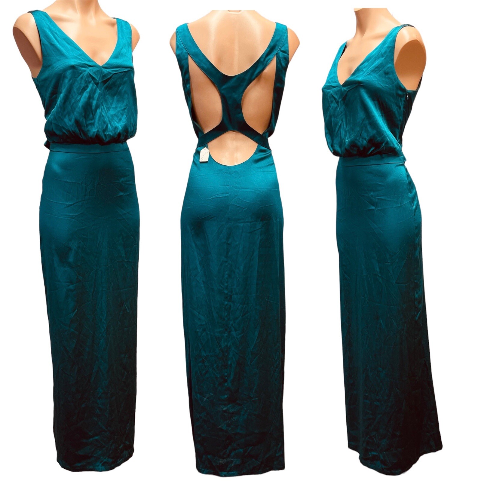 NEW BARRON DUQUETTE Medium 35” Bust Teal Silk Satin Long Dress *AS IS See Pics