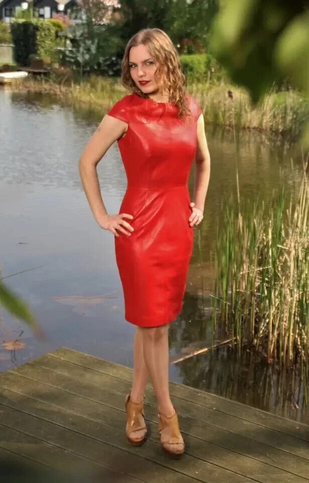 Women’s Red Crop Leather Dress. Slim Fit Mini Dress Real Sheepskin Leather
