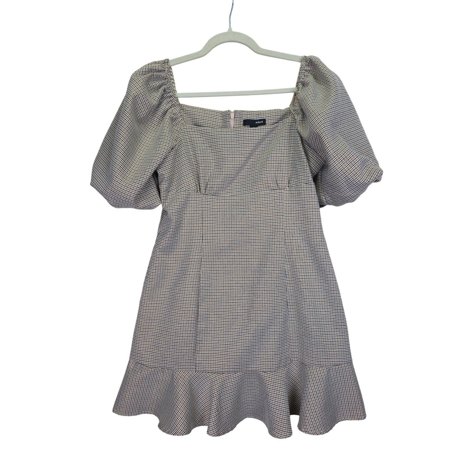AQUA Puff Sleeve Checked Womens Mini Dress Medium Plaid Square Neck Ruffle Hem