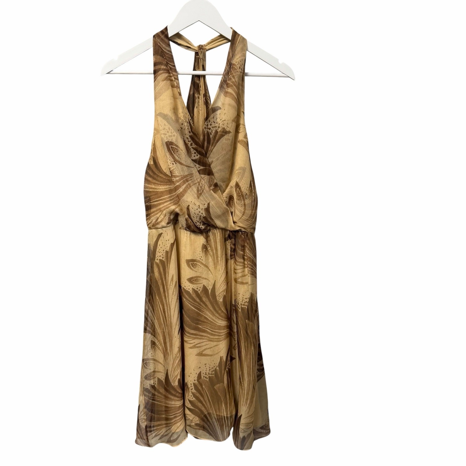 Vintage Ralph Lauren Black Label Pure Silk Halter Dress Cream Brown Print Size 8