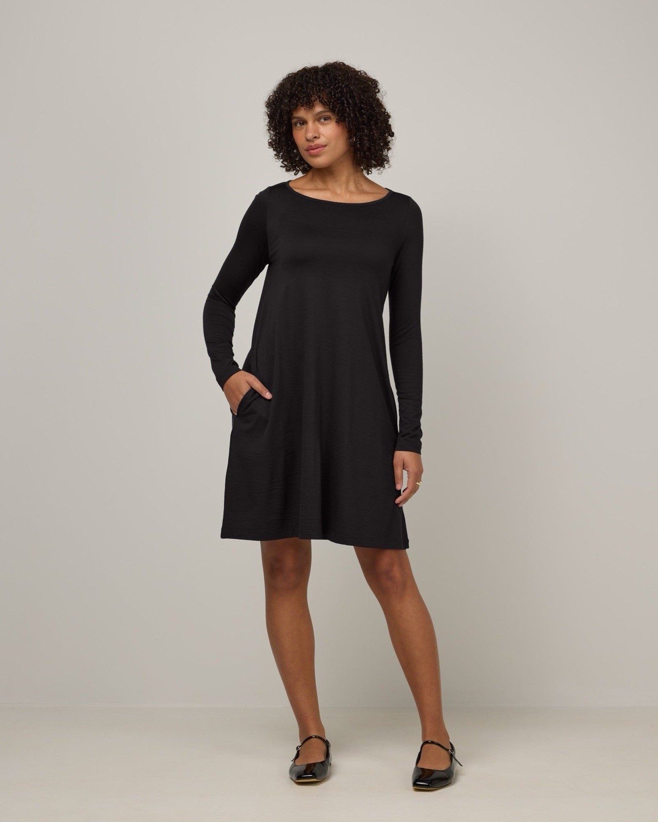 Wool& Rowena Swing Dress Black Merino Wool Blend Long Sleeve Pockets Sz XXL Long