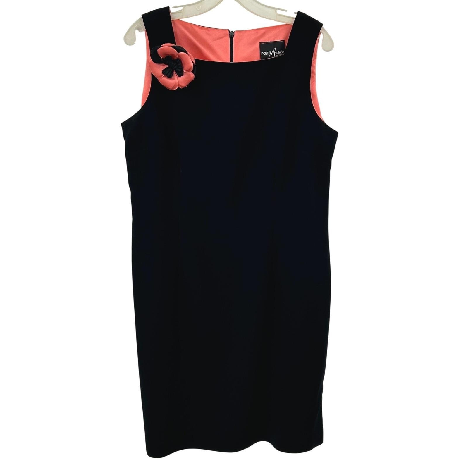 Wms Petite Vtg Sheath Dress 14 Black Coral Pink Floral Brooch Positive Attitude