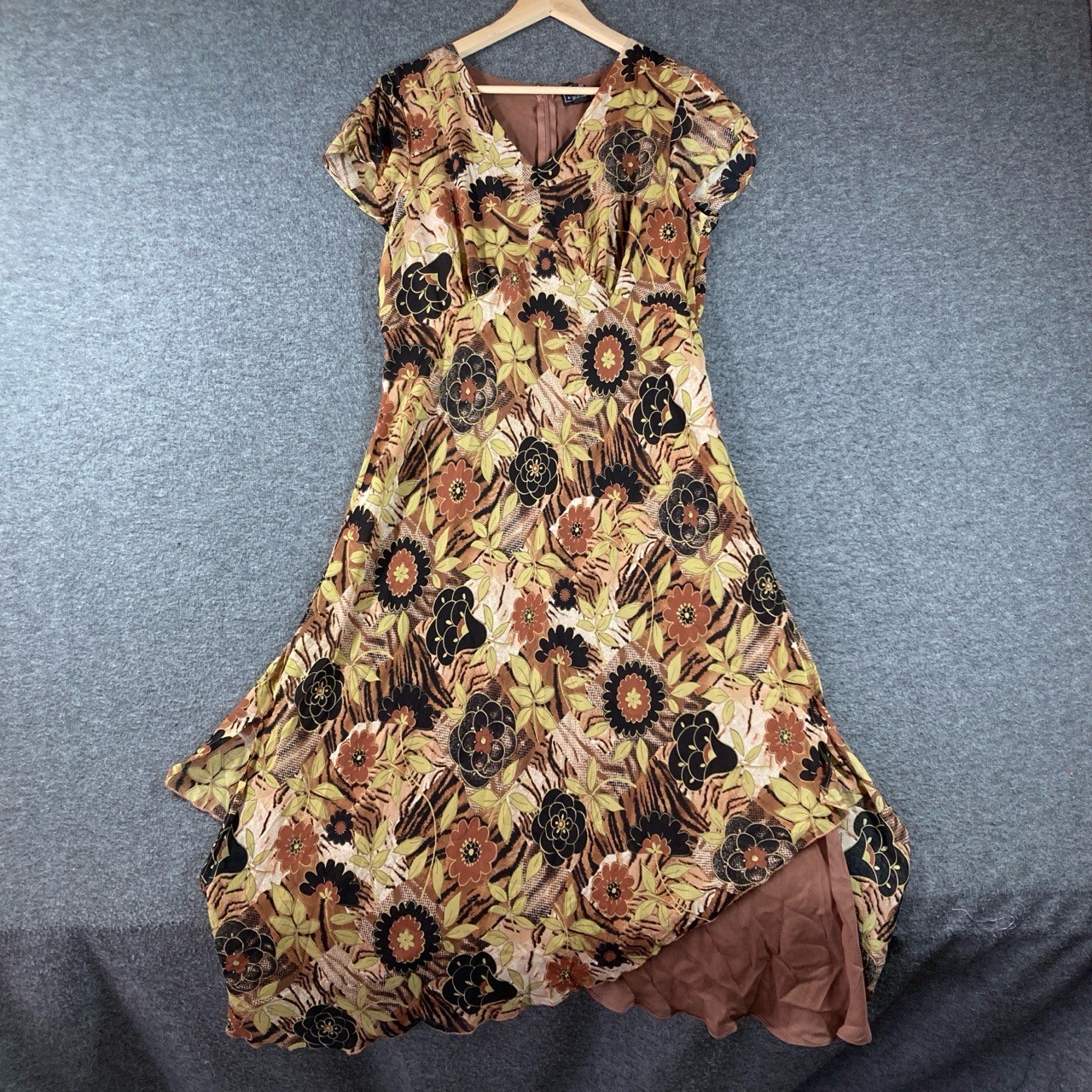 Y2K Elementz Midi Dress Womens L Multi-Color Floral V-Neck Short Sleeve