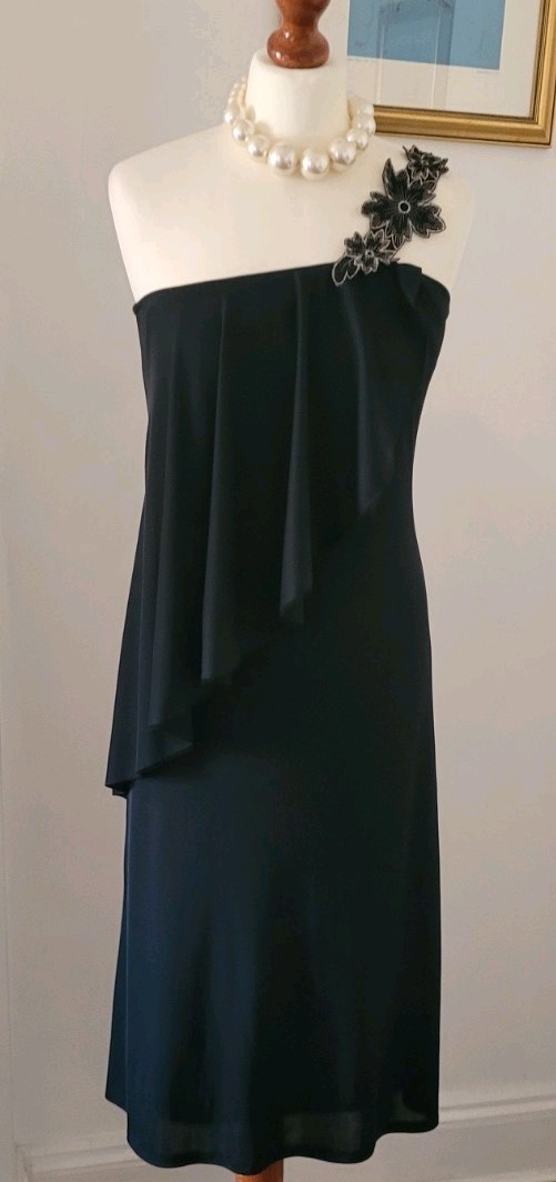 CLAUDIE AMOS Vintage Black One Shoulder Floral Applique Dress UK8 Made In UK