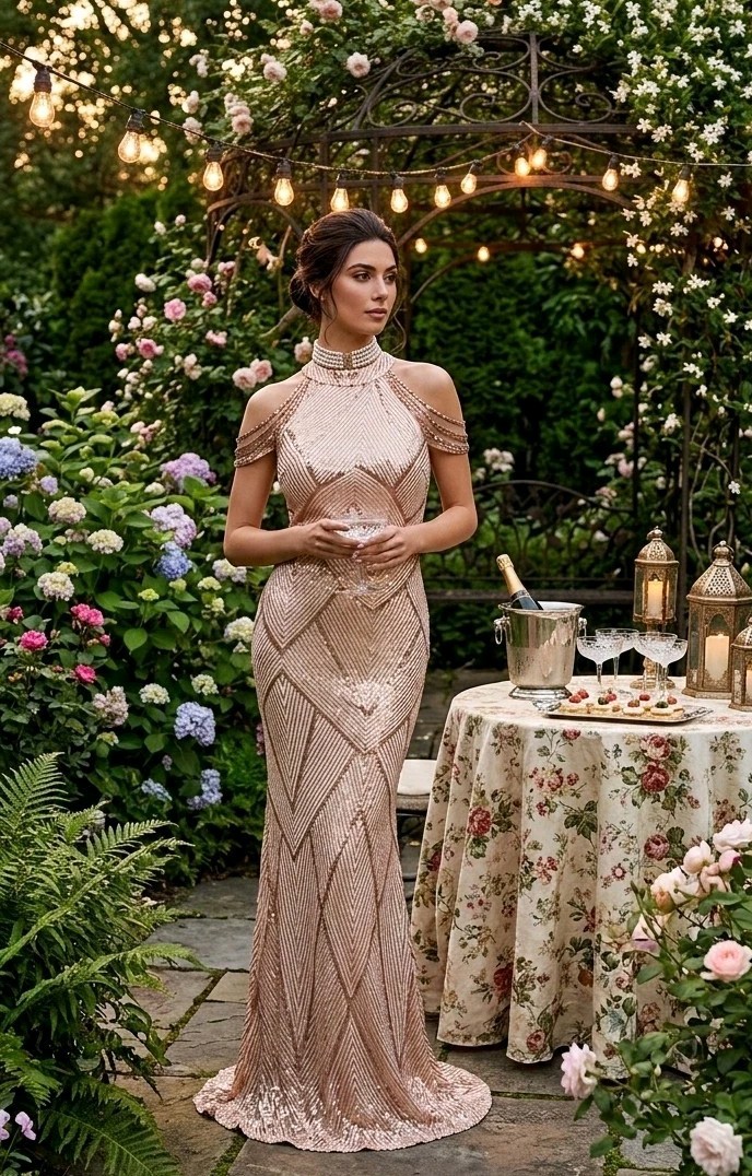 Miss Ord Sequin Beaded Sleeve Embroidered Mesh gown rose gold Size XL