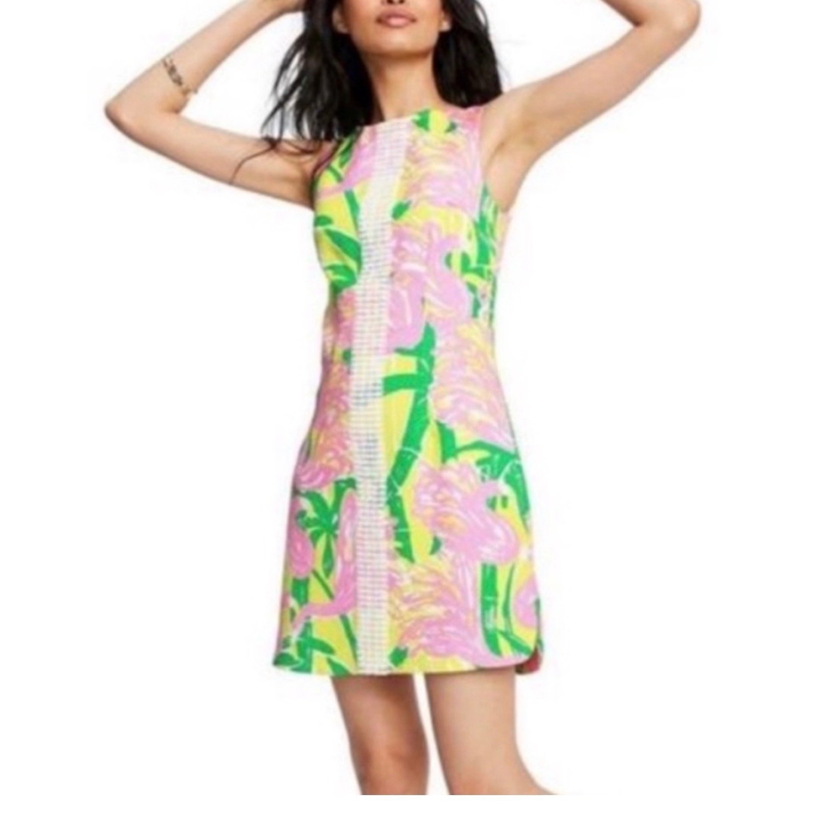 Lilly Pulitzer Flamingo Glee Shift Dress Pink Yellow Green Bamboo Lace Trim 33in