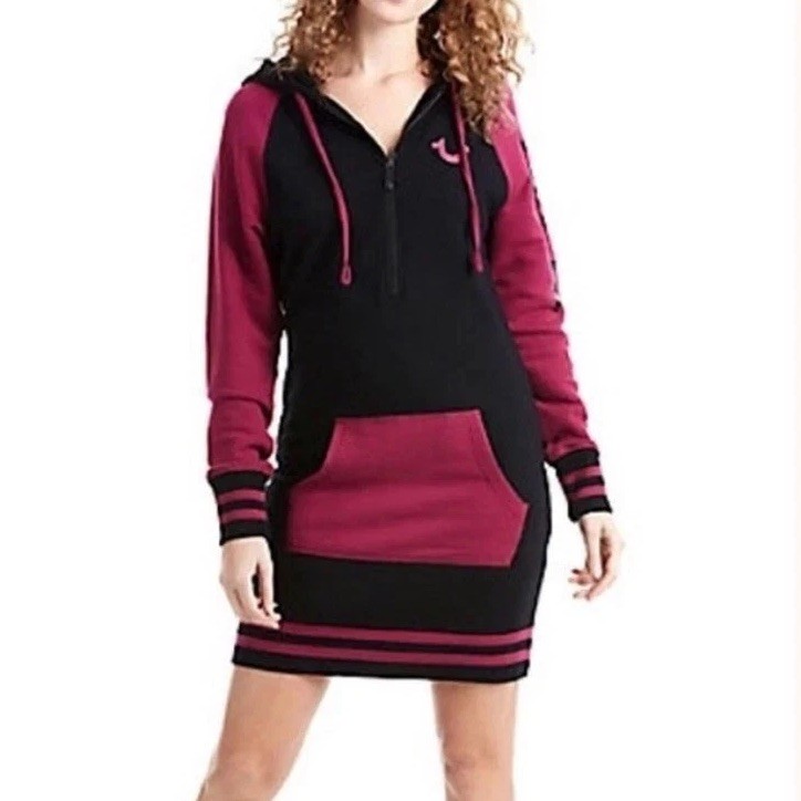 True Religion Half Zip Hoodie Dress Womens XS Long Sleeve Black Magenta Purple