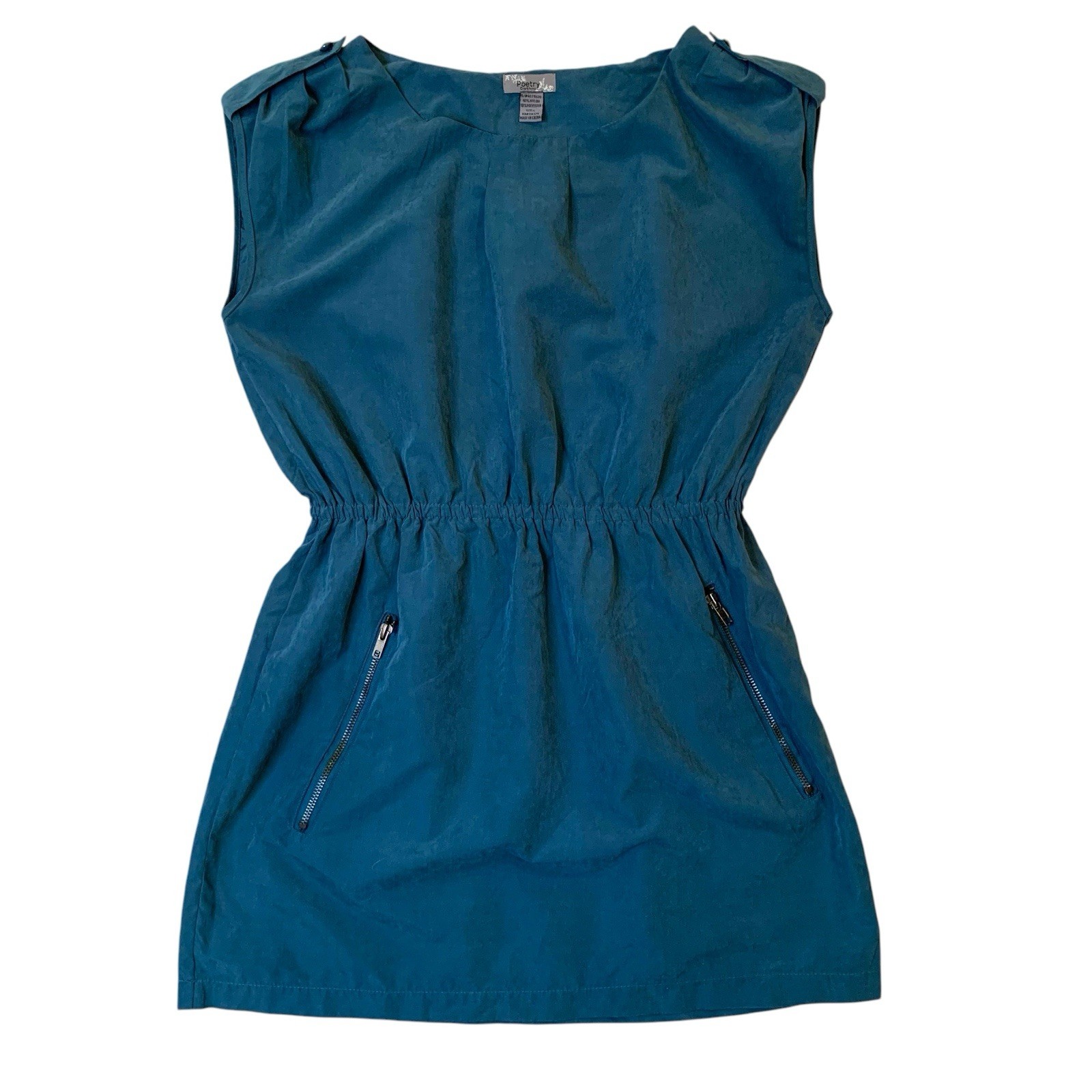 Poetry Clothing Teal Casual Short Sleeve Dress Rouched Waist Zip Pockets EUC L