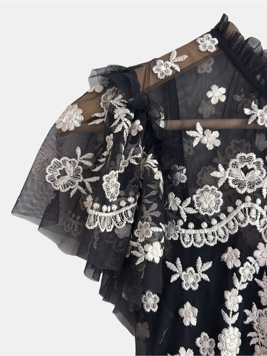 Needle & Thread Embroidered Tulle Midi Dress Black Cream Floral Wedding Guest 2