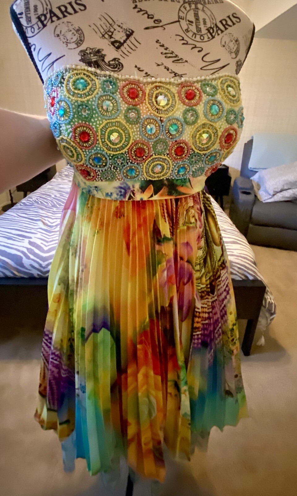 Sherri Hill (9230) Beaded Digital Print Pleated Party Mini Dress – Prom/Cocktail