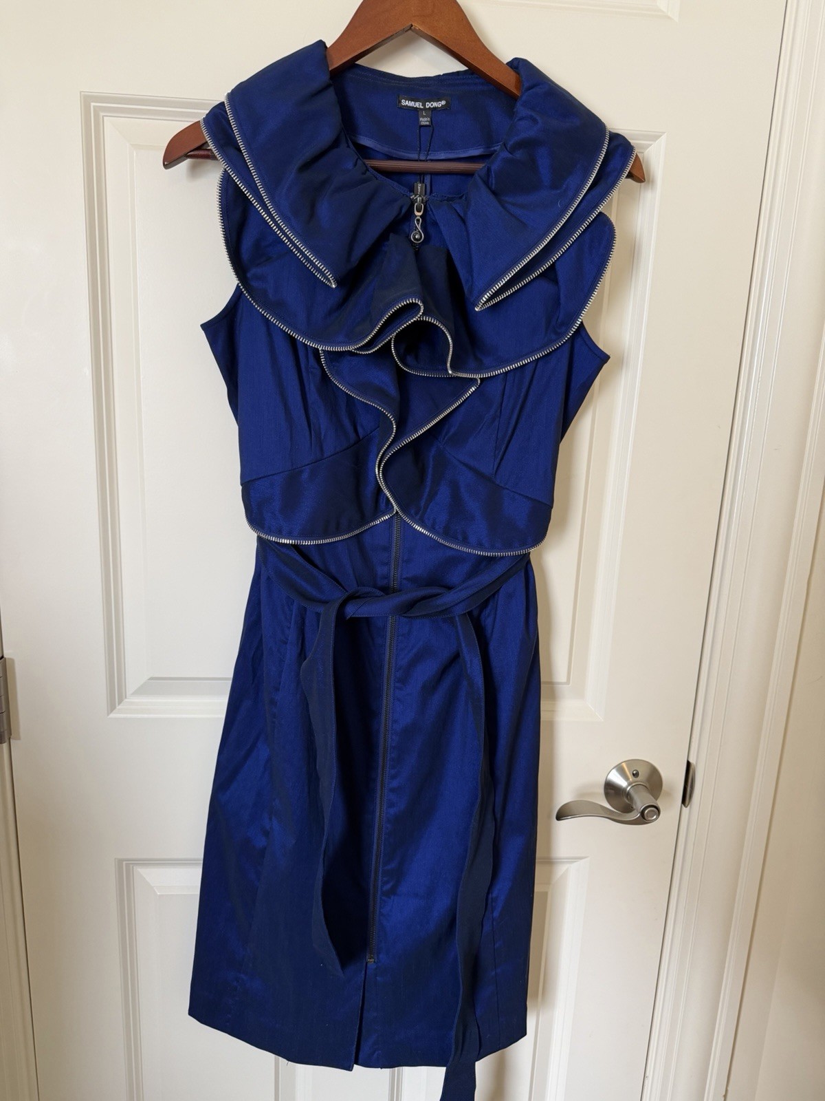 NWT Samuel Dong Dress Blue Zipper Cocktail wedding Ruffle Collar Knee Length L