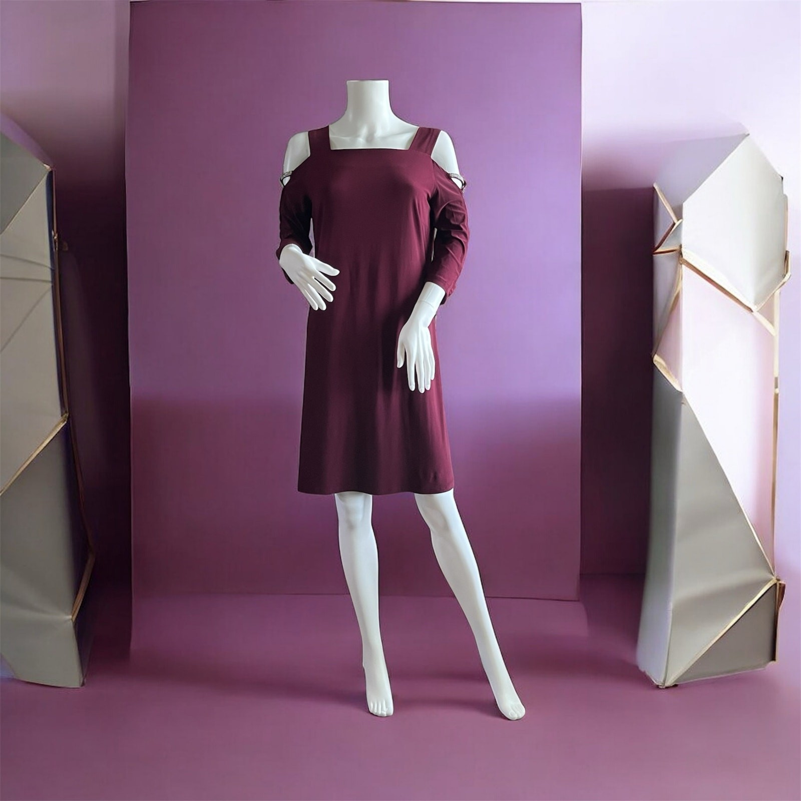 JBS Burgundy Bodycon Stretch Dress Cold Shoulder Sleeve Rhinestones MEDIUM