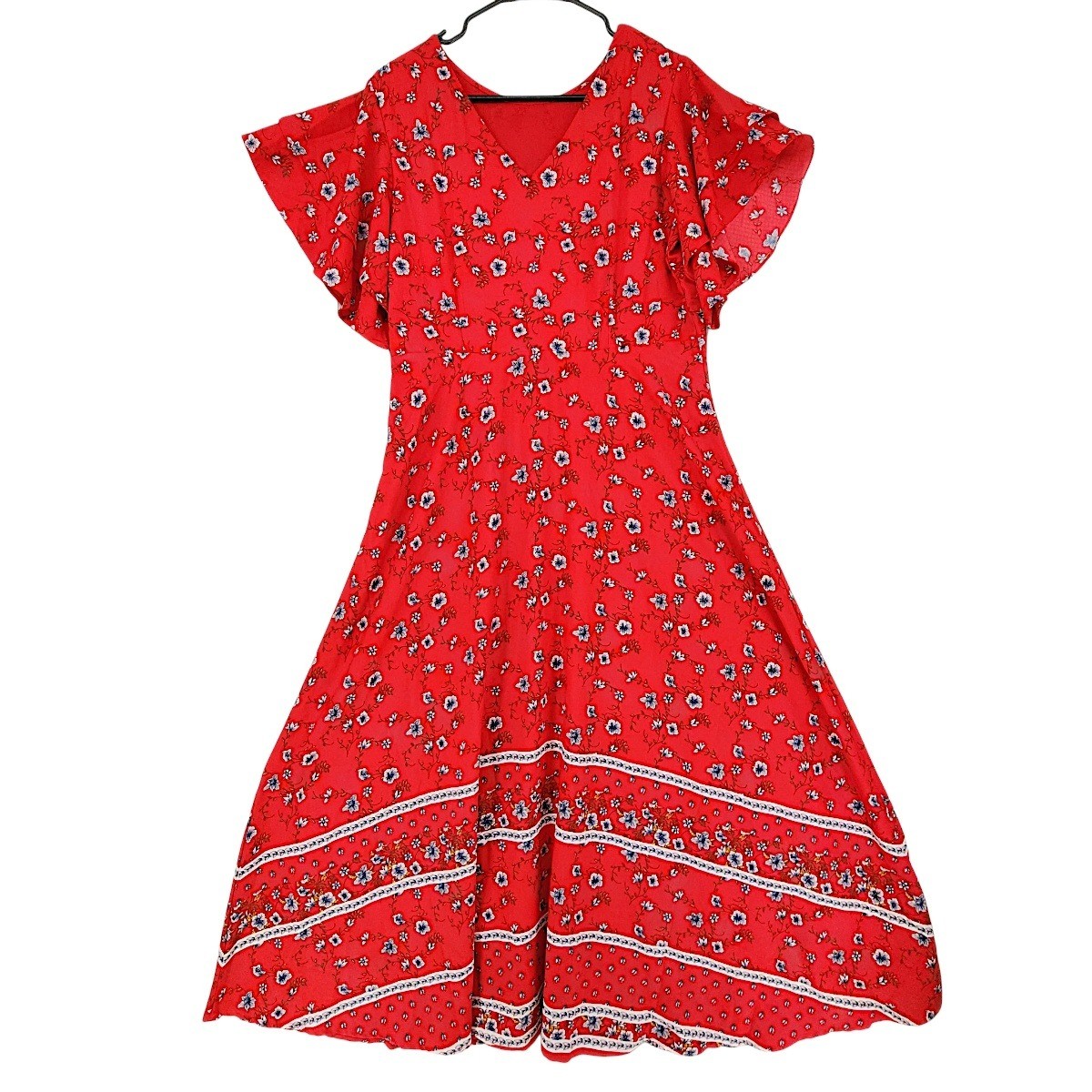 Boho Maxi Dress L Red Floral Flutter Sleeve Darkfairy Whimsical Cottagecore Chic