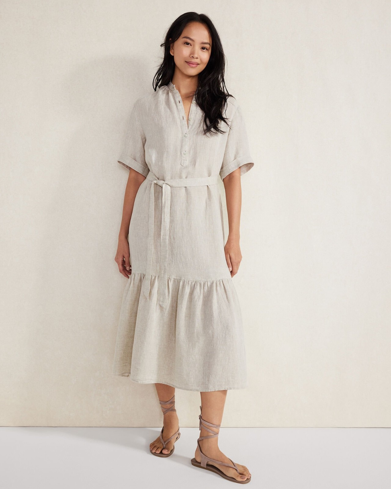 NWT Haven Well Within Linen Tiered Midi Shirt Dress Flax Sz L Beachy Coastal