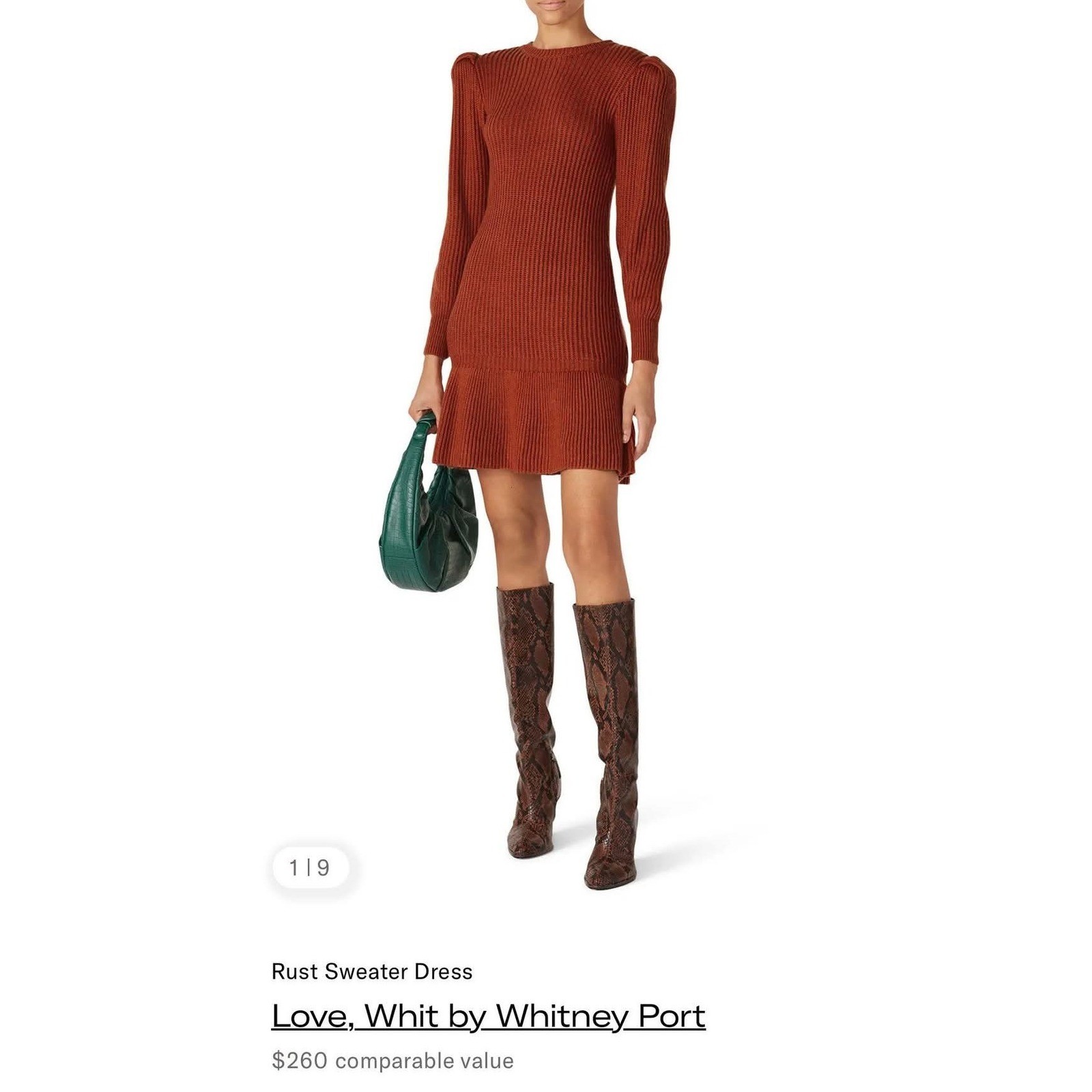 Love Whit Whitney Port Rust Orange Ribbed Knit Puff Shoulder Sweater Dress