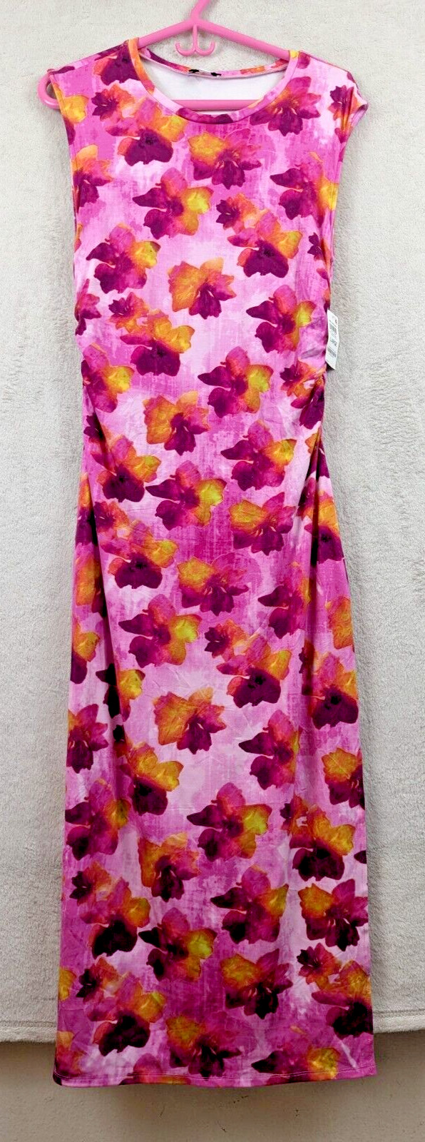 Bar lll sz L Long Midi to Maxi Dress knit ss knit pink floral print stretch 1508