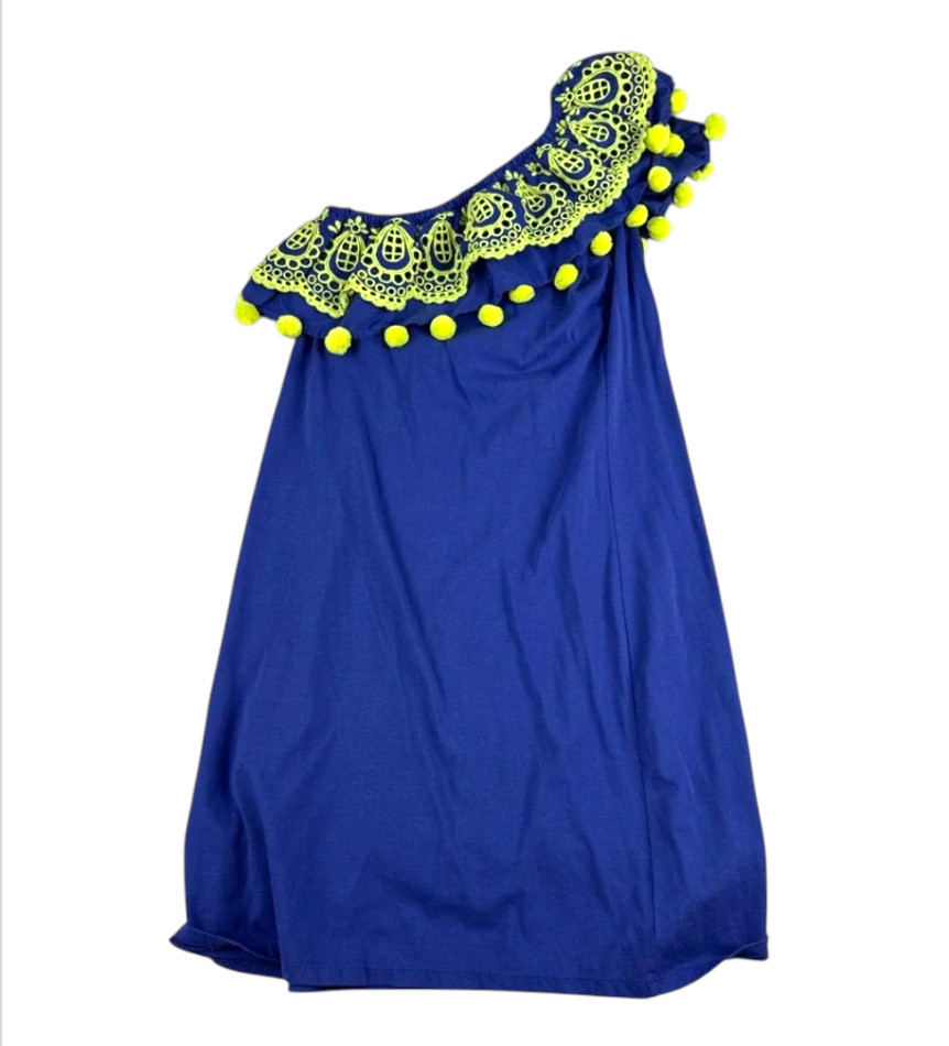 LILLY PULITZER Idara One Shoulder Dress RUFFLE & POM-POMS Blue w/Green-Yellow S