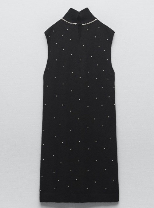 ZARA Pearl Rhinestone Mock Neck Posh Glam Classy Bling Y2K Knit Dress Black L