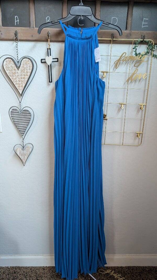 NWT $325 SZ 2 Ted Baker Blue London Helios Halter Pleated Maxi Dress