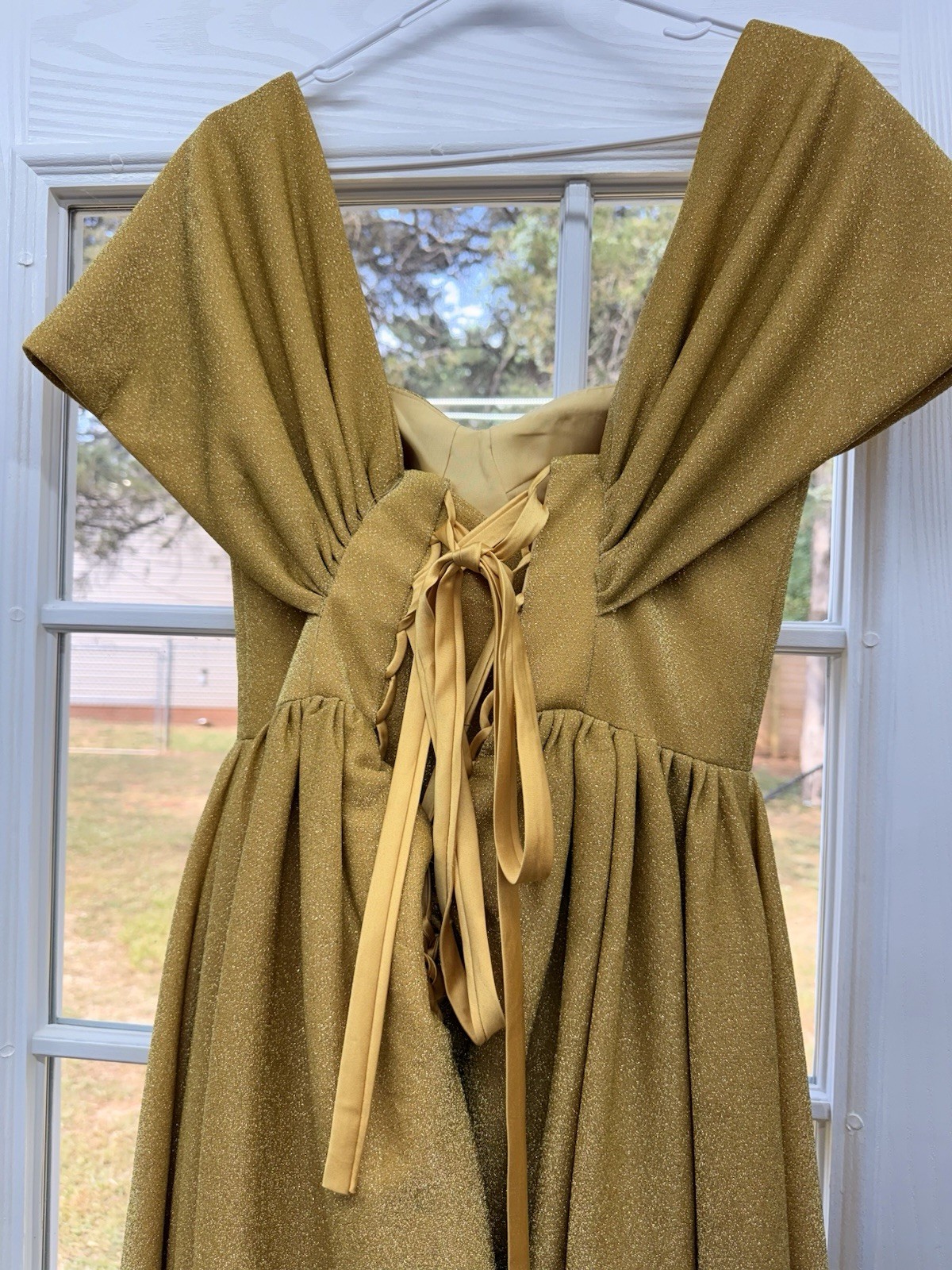 Gold Colored, Shimmer-Fabric Midi Dress With Ruched Sleeves