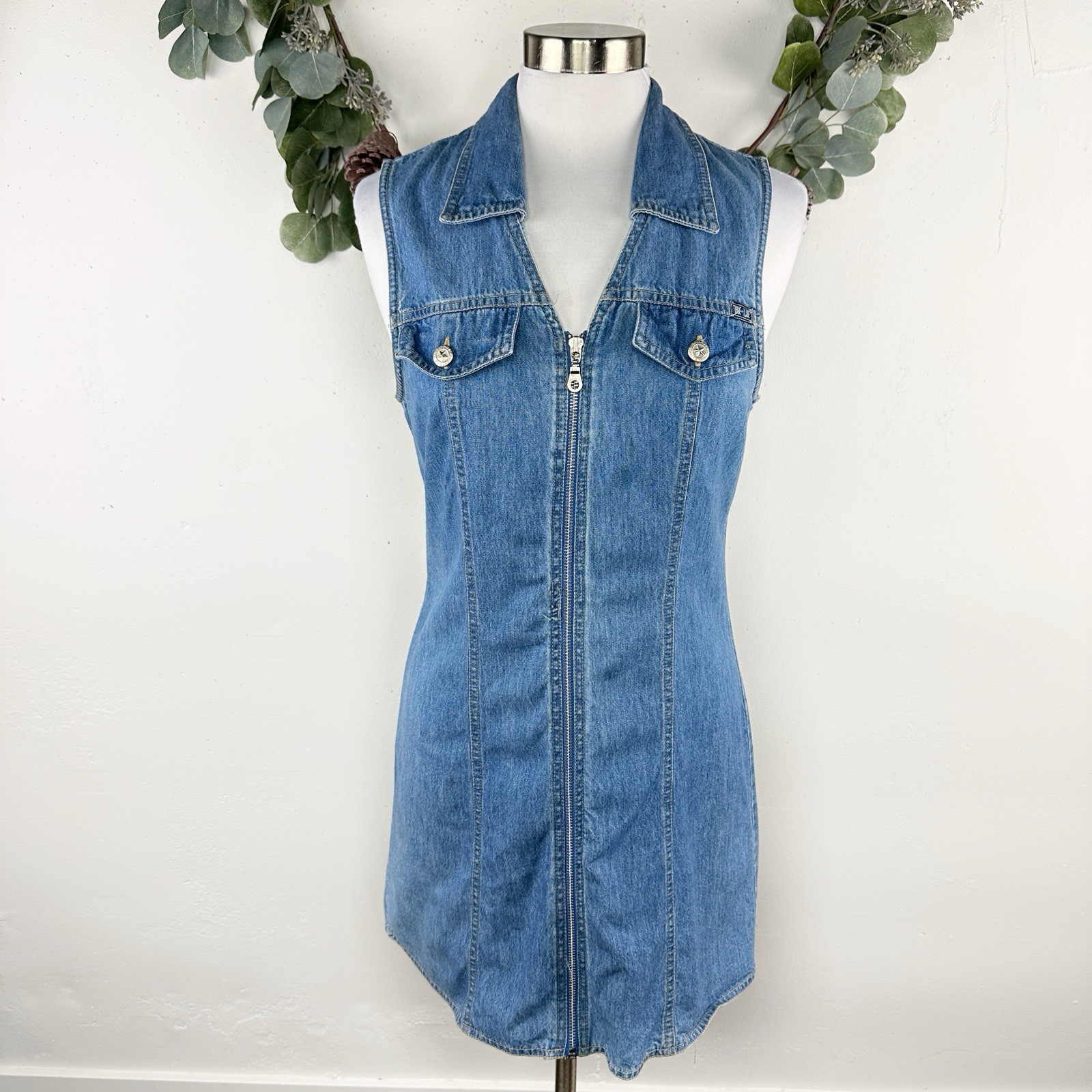 Vintage Y2K Denim Mini Dress Size 9 / 10 Front Zip Jean Collared Sleeveless 90s