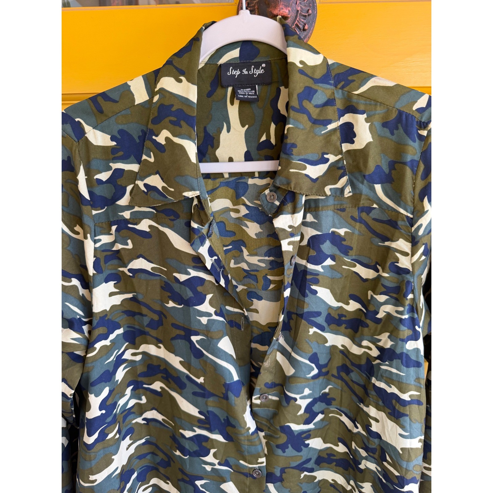 Step In Style Camo Button Down Shirt Dress Longline Tunic Green Blue Large L