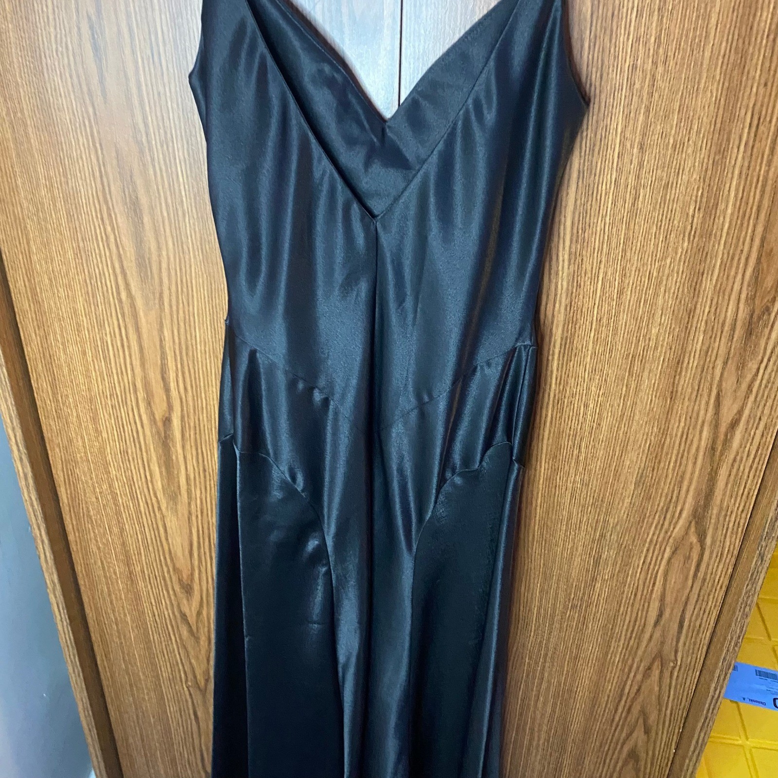 Moda International Maxi Dress Womens 2 Petite Black Satin V-Neck Spaghetti Strap